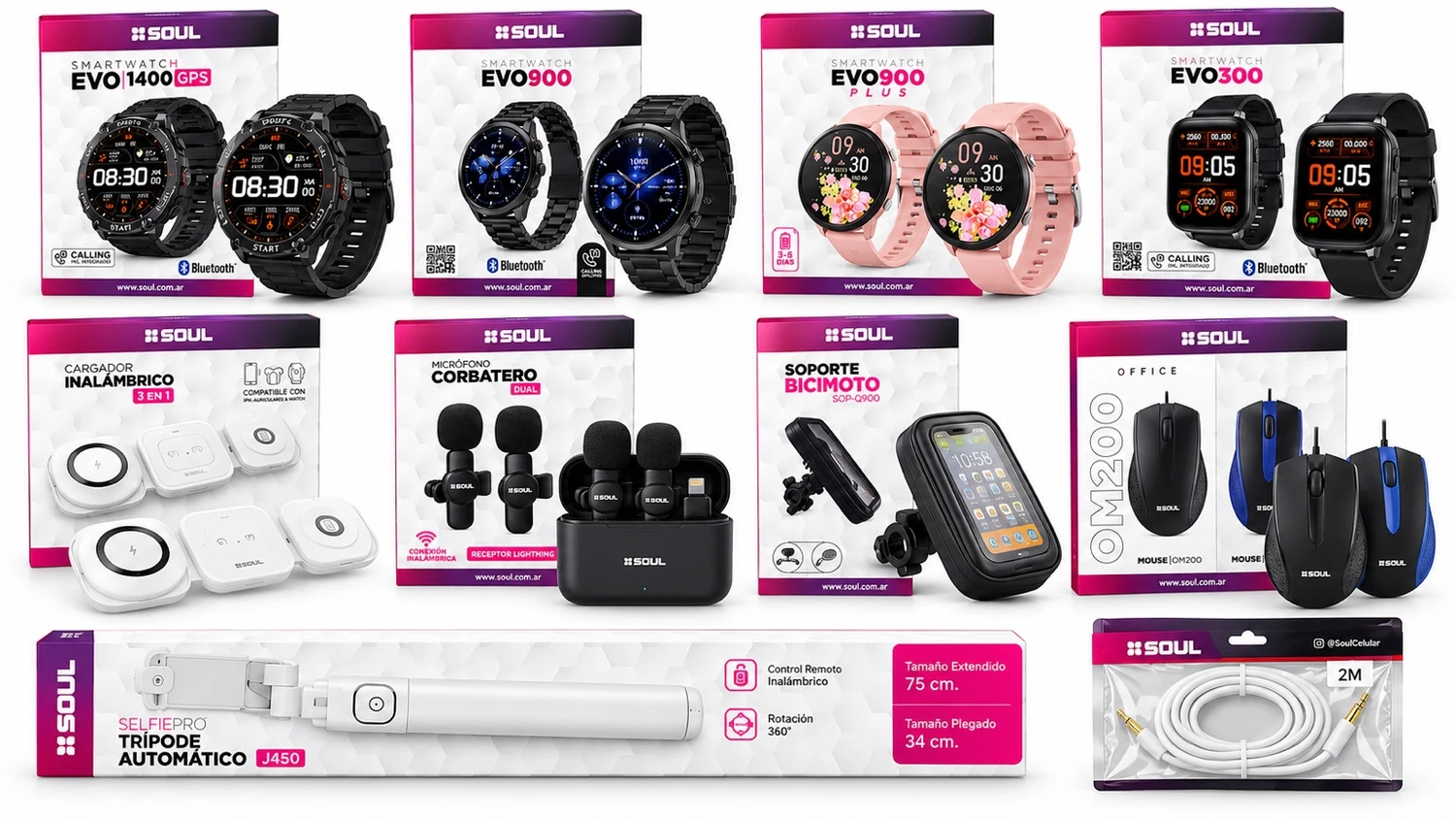 Selección de accesorios SOUL: relojes, cargadores, micrófonos, mouse, cables y soportes