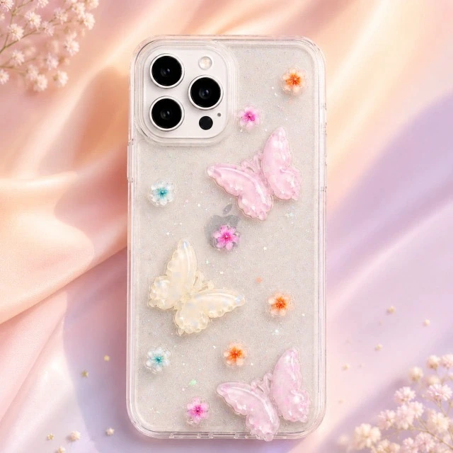 Funda transparente decorada con mariposas y flores en tonos pastel
